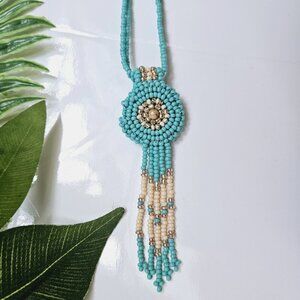 Pendant Necklace - Womens Turquoise Fringe Beaded Indigenous Jewelry